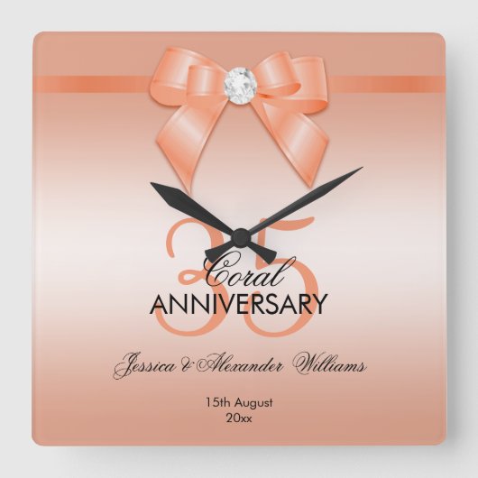 コーラルボウ&リボン35結婚周年記念 スクエア壁時計 (正面)