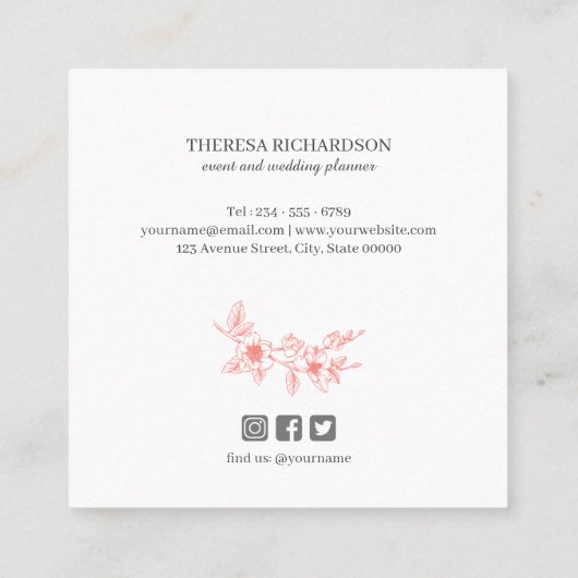 コーラルマグノリアリースモノグラムソーシャルメディアのアイコン スクエア名刺 (裏面)