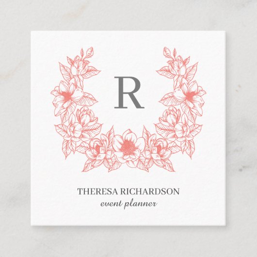 コーラルマグノリアリースモノグラムソーシャルメディアのアイコン スクエア名刺 (正面)