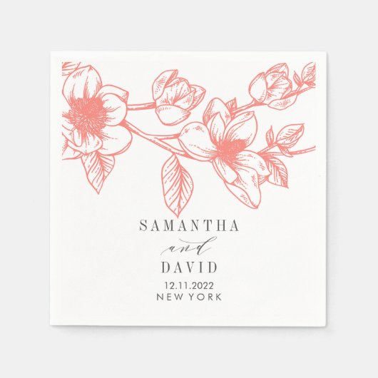 コーラルマグノリア結婚フラワーズパーソナライズされたフローラ スタンダードカクテルナプキン (正面)