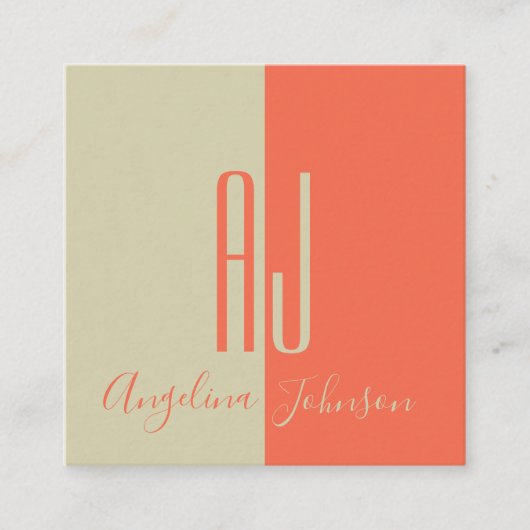 コーラルミニマモダンリスト2トーンジャイアントイニシャル スクエア名刺 (正面)