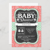 コーラルミントチャルクボードフローラベビーシャワー招待状 招待状 (正面/裏面)