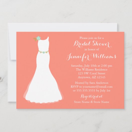 コーラルミント結婚フローラズガウンブライダルシャワー 招待状 (正面)