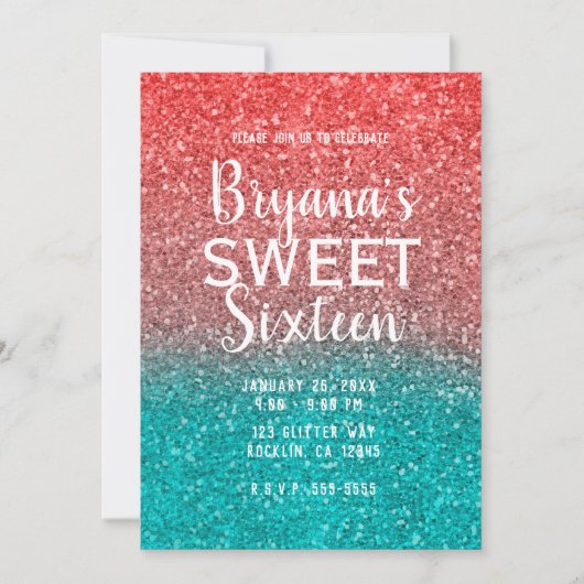 コーラルメロンオレンジティール(緑がかった色)アクアグリッタースウィート16 招待状 (正面)