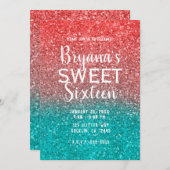 コーラルメロンオレンジティール（緑がかった色）アクアグリッタースウィート16 招待状 (正面/裏面)