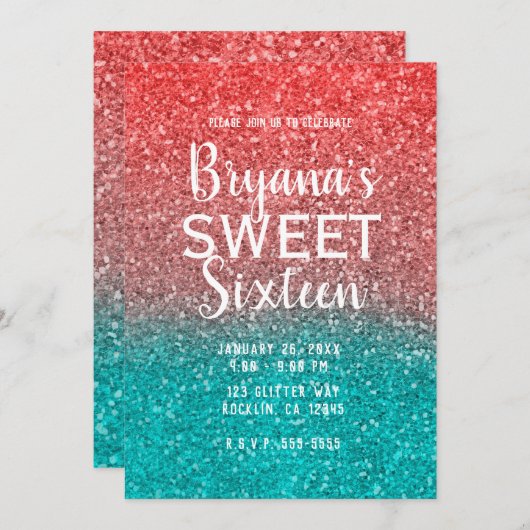コーラルメロンオレンジティール(緑がかった色)アクアグリッタースウィート16 招待状 (正面/裏面)