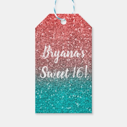 コーラルメロンオレンジティール（緑がかった色）アクアグリーンスパークリーグリッター ギフトタグ (正面)