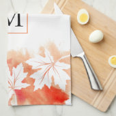 コーラルメープルリーフの水彩洗浄及びモノグラム キッチンタオル (四つ折り)