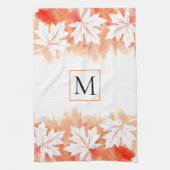 コーラルメープルリーフの水彩洗浄及びモノグラム キッチンタオル (縦)