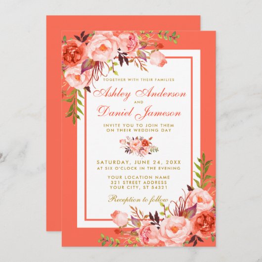 コーラルモダンウォーター色フローラ結婚式招待状 招待状 (正面/裏面)