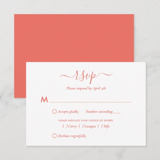 コーラルモダンスクリプトウェディングRSVPカード 出欠カード (正面/裏面)