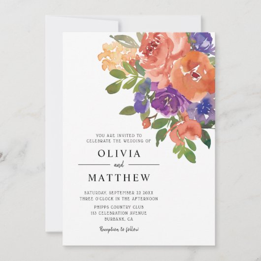 コーラルモダンパープルウォーター色のフローラ結婚ズ 招待状 (正面)