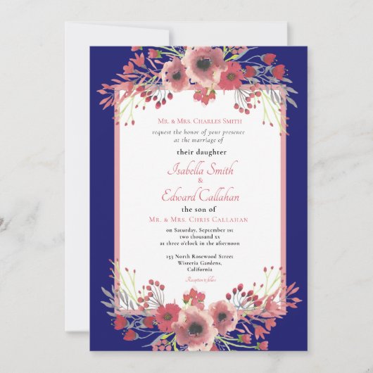 コーラルモダンピーニーフローラリースネイビー結婚ズインビ 招待状 (正面)