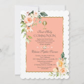 コーラルモダンフラワーズコーラルグリッターファースト聖餐式 招待状 (正面)