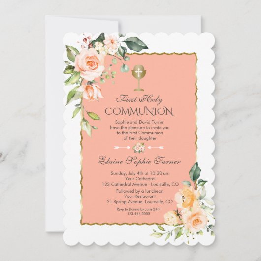 コーラルモダンフラワーズコーラルグリッターファースト聖餐式 招待状 (正面)