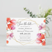 コーラルモダンフローラ金ゴールド幾何学保存日付 セーブザデート (スタンド正面)