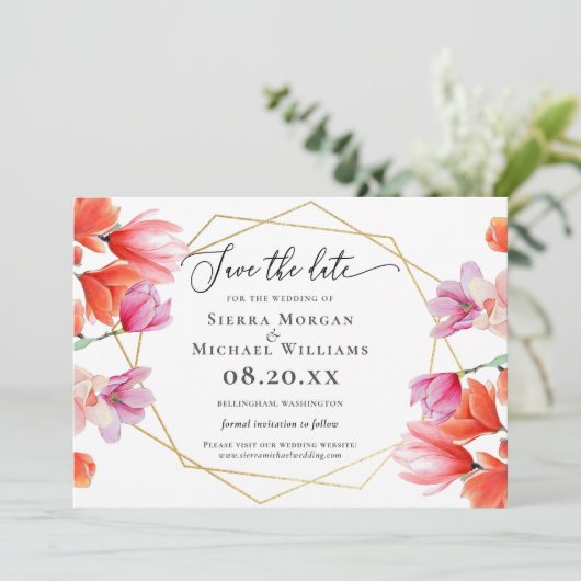 コーラルモダンフローラ金ゴールド幾何学保存日付 セーブザデート (スタンド正面)