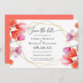 コーラルモダンフローラ金ゴールド幾何学保存日付 セーブザデート (正面/裏面)