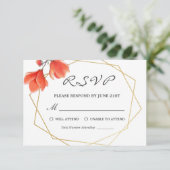 コーラルモダンフローラ金ゴールド幾何学的ウェディングRSVP 出欠カード (スタンド正面)