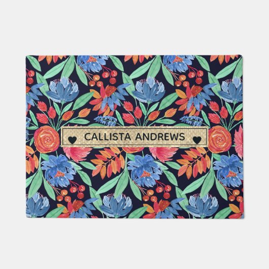 コーラルモダンブルーフローラウォーターアートカラーモノグラム ドアマット (正面)