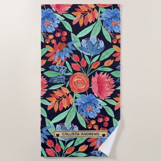 コーラルモダンブルーフローラウォーターアートカラーモノグラム ビーチタオル (正面)