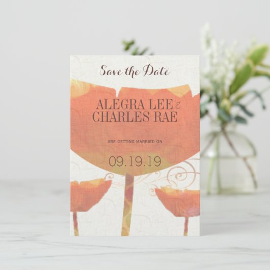 コーラルモダンポピー結婚式の日付を保存 招待状 (スタンド正面)