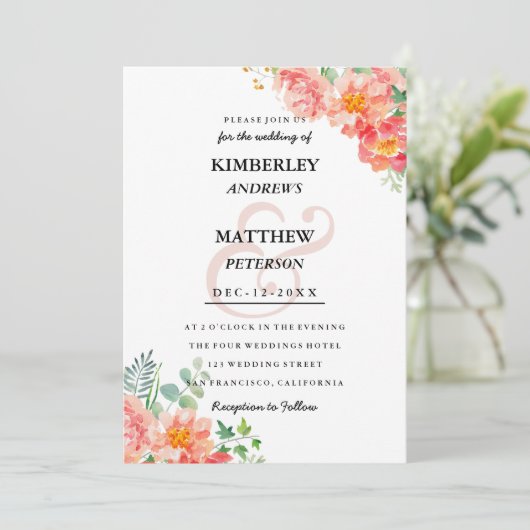 コーラルモダン赤面ピンクの水の色エレガントな結婚式 招待状 (スタンド正面)