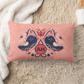 コーラルモノグラムのネイビーブルーフォークアートバードフローラ ランバークッション (ブランケット)