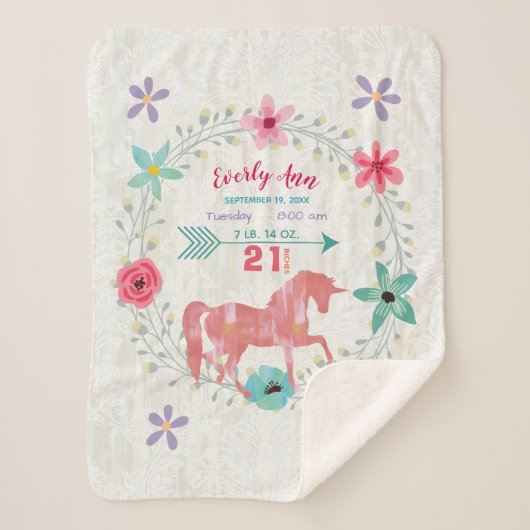 コーラルユニコーンベビーガール統計ウォーターカラーリース シェルパブランケット (正面)