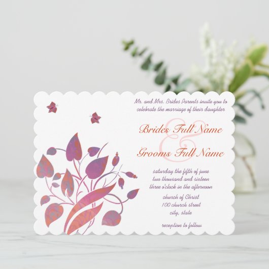 コーラルラズベリーと紫の蝶の結婚式の招待 招待状 (スタンド正面)