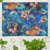 コーラルリーフと海の下のイルカ キッチンタオル (折り畳み)