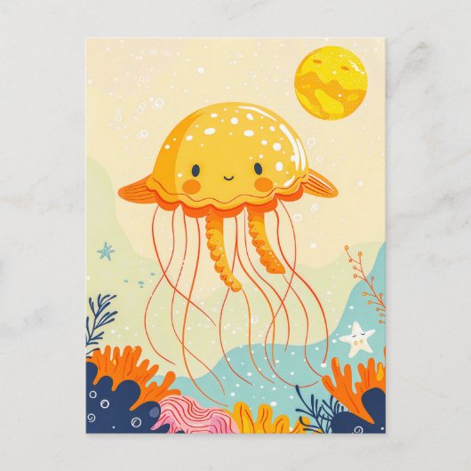コーラルリーフに浮かぶ漫画のクラゲ ポストカード (正面)