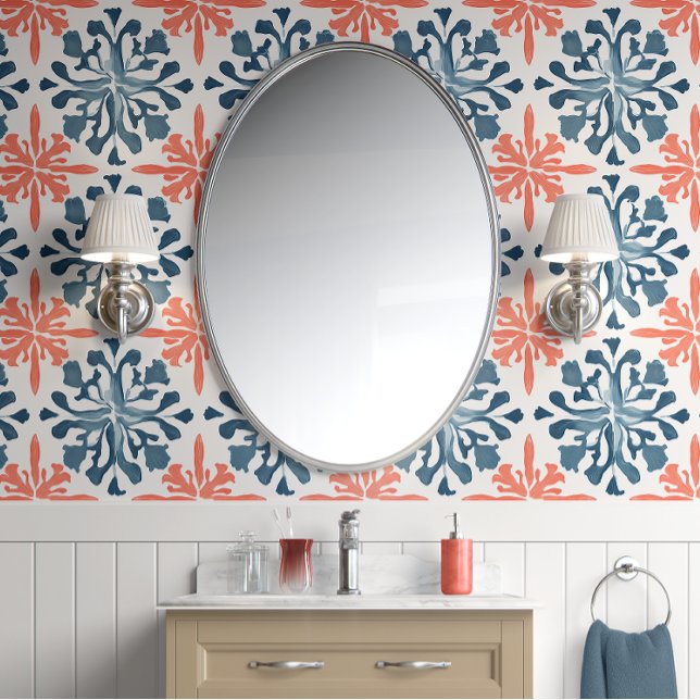 コーラルリーフシンフォニー – ティール（緑がかった色）とサンゴ – 沿岸 壁紙 (Coastal Bloom Peel and Stick Wallpaper)