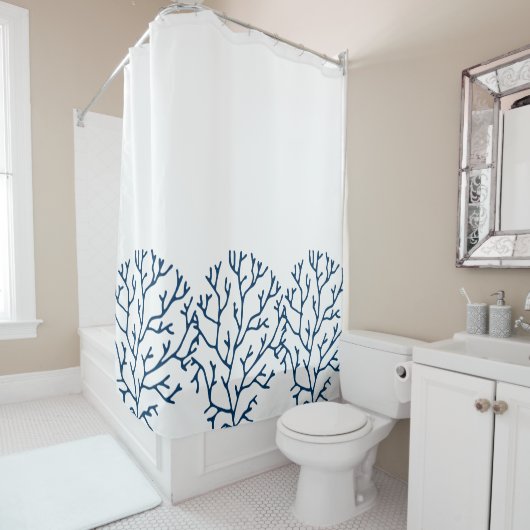 コーラルリーフテーマスタイリッシュティール(緑がかった色)ブルーコーラルパターン シャワーカーテン (インサイチュ)