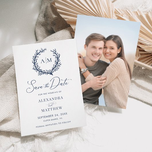 コーラルリーフネイビーブルー航海のビーチ結婚式 セーブザデート