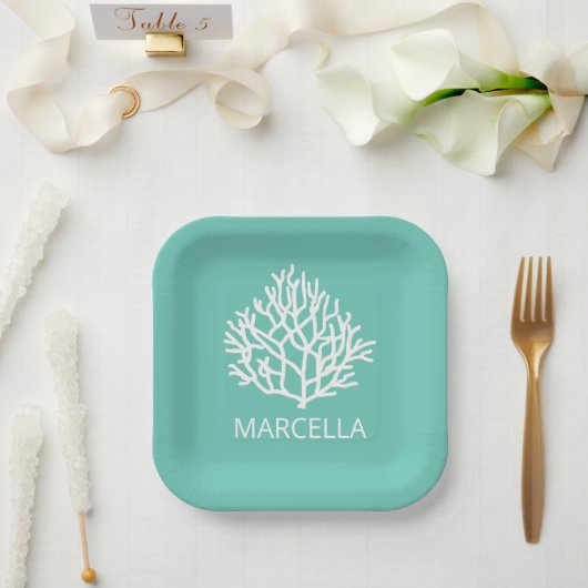 コーラルリーフ名前をカスタムするサマービーチ ペーパープレート (ウェディング)