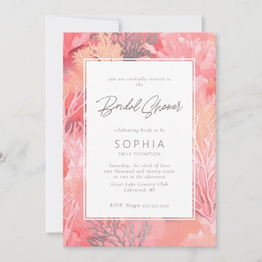 コーラルリーフ鮮やかブライダルシャワー-赤面ピンク 招待状 (正面)