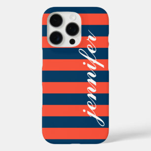 コーラルレッドとネイビーストライプズカスタムスクリプトモノグラム iPhone 16 PROケース