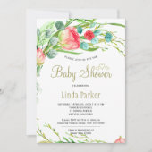 コーラルレッドのガーデンローズのリースがおしゃれなベビーシャワー 招待状 (正面)