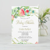 コーラルレッドのガーデンローズのリースがおしゃれなベビーシャワー 招待状 (スタンド正面)