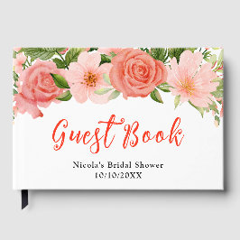 コーラルレッドのバラと葉のブライダルシャワー ゲストブック