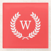 コーラルレッドウィットウィートローレルリースイニシャルモノグラム ガラスコースター (正面)