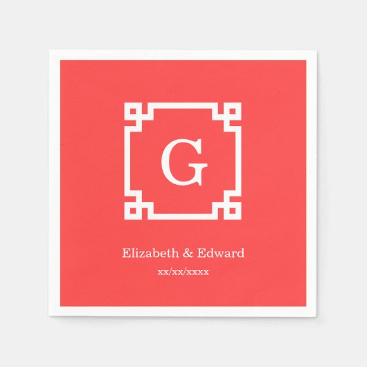コーラルレッドウィットギリシャ鍵フレーム#2イニシャルモノグラム スタンダードカクテルナプキン (正面)
