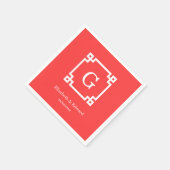 コーラルレッドウィットギリシャ鍵フレーム#2イニシャルモノグラム スタンダードカクテルナプキン (角)