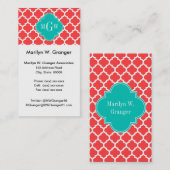 コーラルレッドウィットモロッコ#5ティール（緑がかった色）3イニシャルモノグラム 名刺 (正面/裏面)