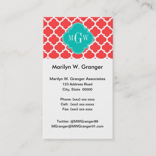 コーラルレッドウィットモロッコ#5ティール（緑がかった色）3イニシャルモノグラム 名刺 (正面)
