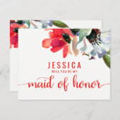コーラルレッドウォーターカラーウィズイヴメイド・オブ・オーナー（花嫁付き添い人） 招待状 (正面/裏面)