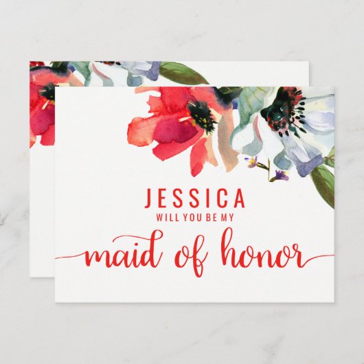 コーラルレッドウォーターカラーウィズイヴメイド・オブ・オーナー(花嫁付き添い人) 招待状 (正面/裏面)