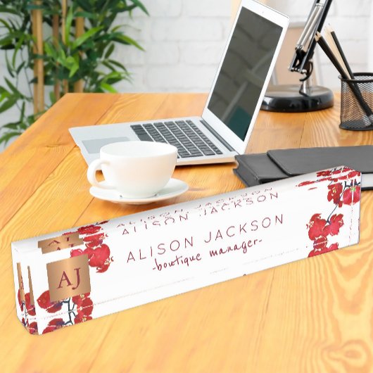 コーラルレッドウォーター色のオーキッドモノグラムの銅 デスクネームプレート