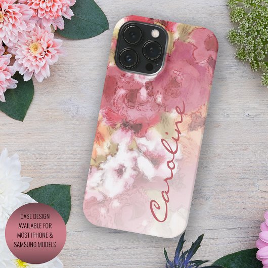 コーラルレッドオレンジブラッシュピンクの水彩花 iPhoneケース